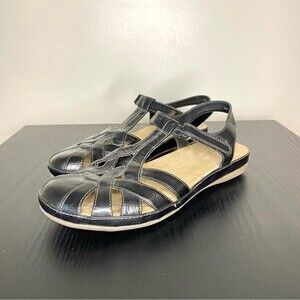 Wear Ever Black Faux Leather Rustic Lagenlook Covered Toe Woven Braided Sandal
